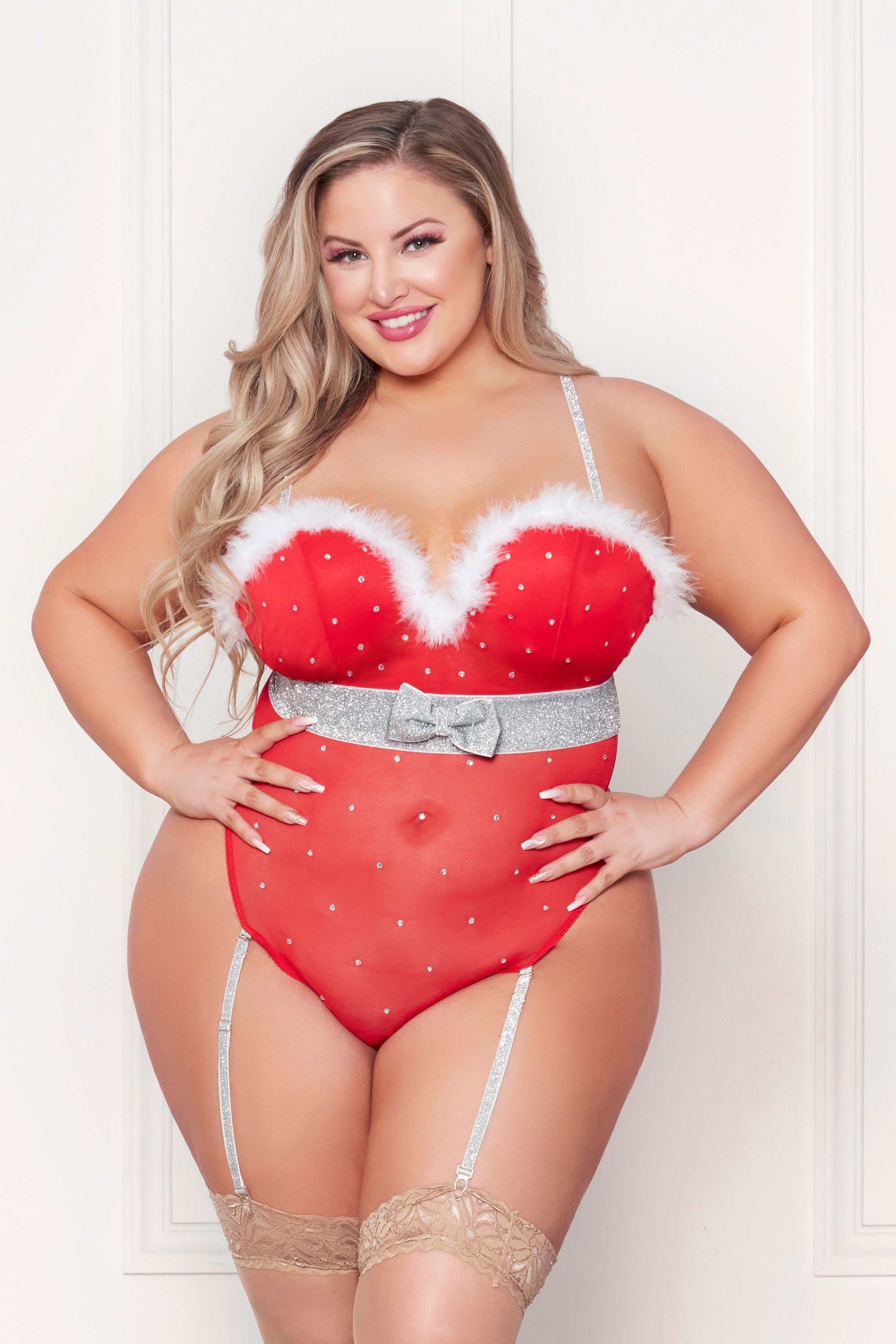 Rhinestone Studded Mesh Teddy With Marabou Trim -  3x/4x - Red STM-11470XR3X4